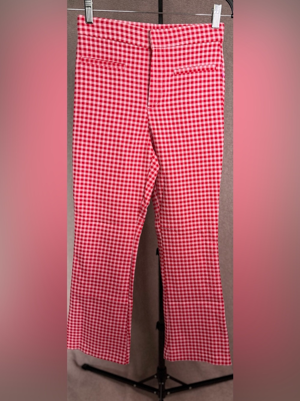 Zara Small Red White Gingham Check Cropped Pants High Rise Preppy